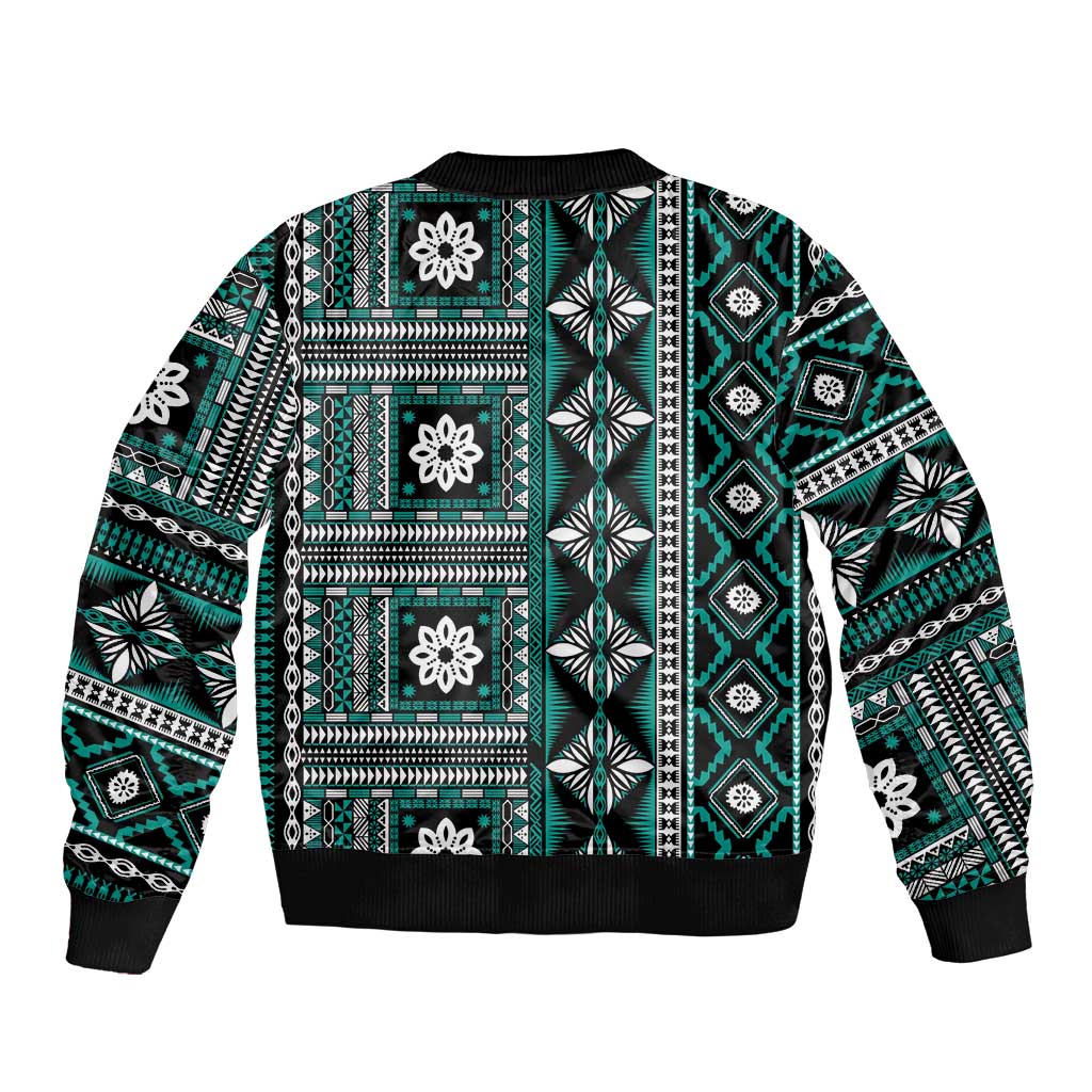 Fiji Masi Tapa Pattern Teal Sleeve Zip Bomber Jacket - Polynesian Pride