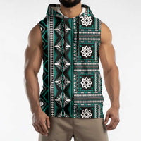Fiji Masi Tapa Pattern Teal Sleeveless Hoodie - Polynesian Pride