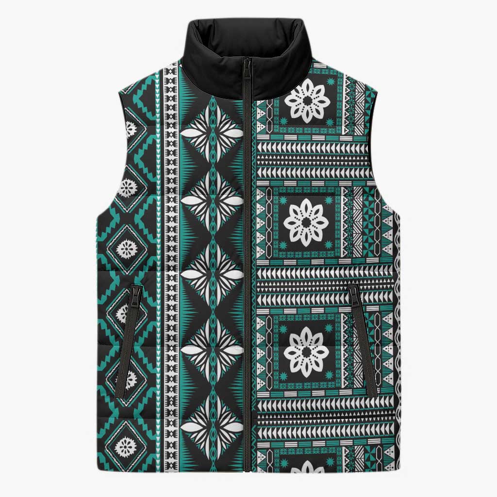 Fiji Masi Tapa Pattern Teal Sleeveless Puffer Jacket - Polynesian Pride