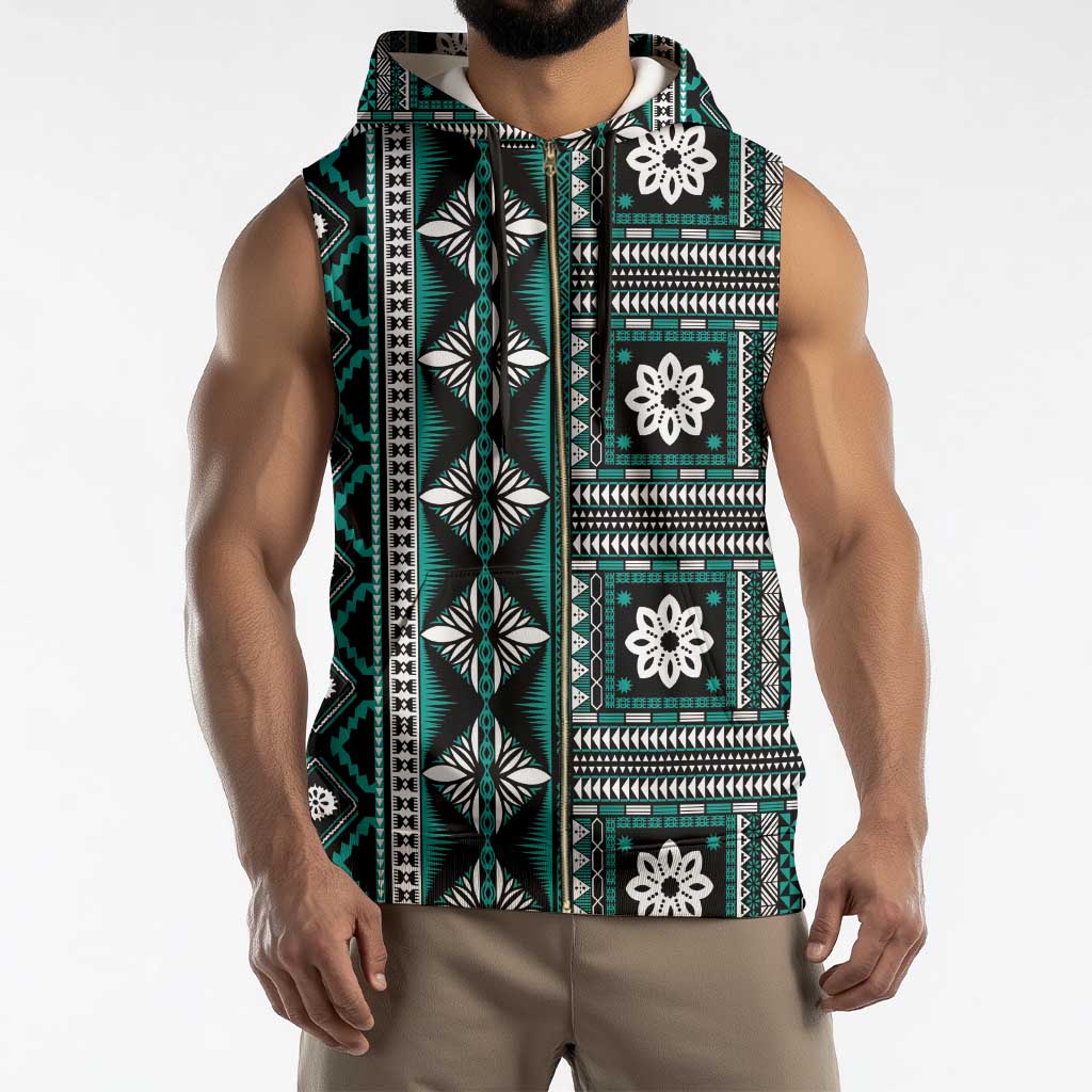 Fiji Masi Tapa Pattern Teal Sleeveless Zip Hoodie - Polynesian Pride
