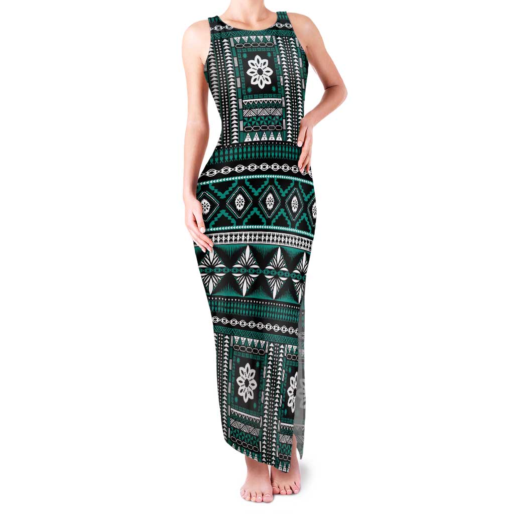 Fiji Masi Tapa Pattern Teal Tank Maxi Dress - Polynesian Pride