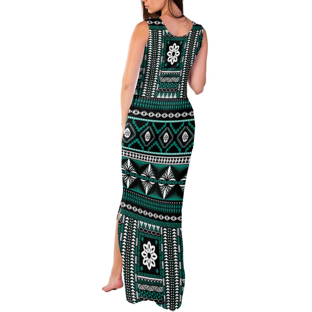 Fiji Masi Tapa Pattern Teal Tank Maxi Dress - Polynesian Pride