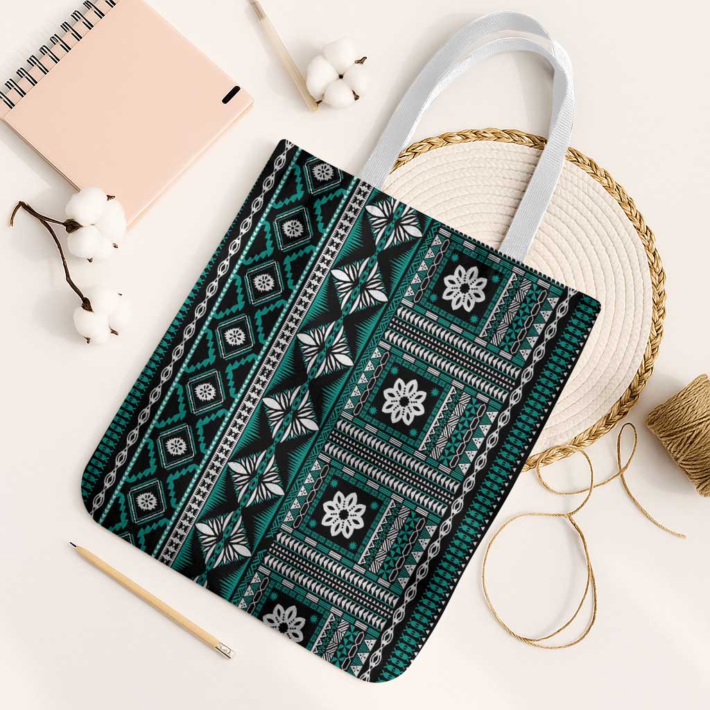 Fiji Masi Tapa Pattern Teal Tote Bag - Polynesian Pride