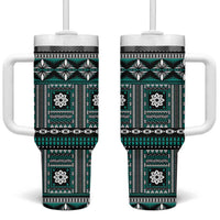 Fiji Masi Tapa Pattern Teal Tumbler With Handle - Polynesian Pride