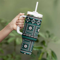 Fiji Masi Tapa Pattern Teal Tumbler With Handle - Polynesian Pride