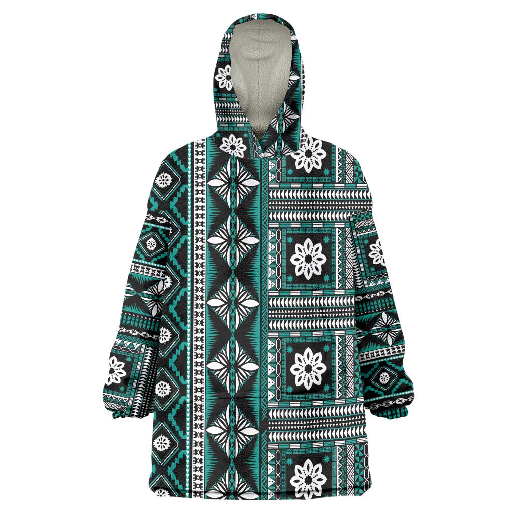 Fiji Masi Tapa Pattern Teal Wearable Blanket Hoodie - Polynesian Pride