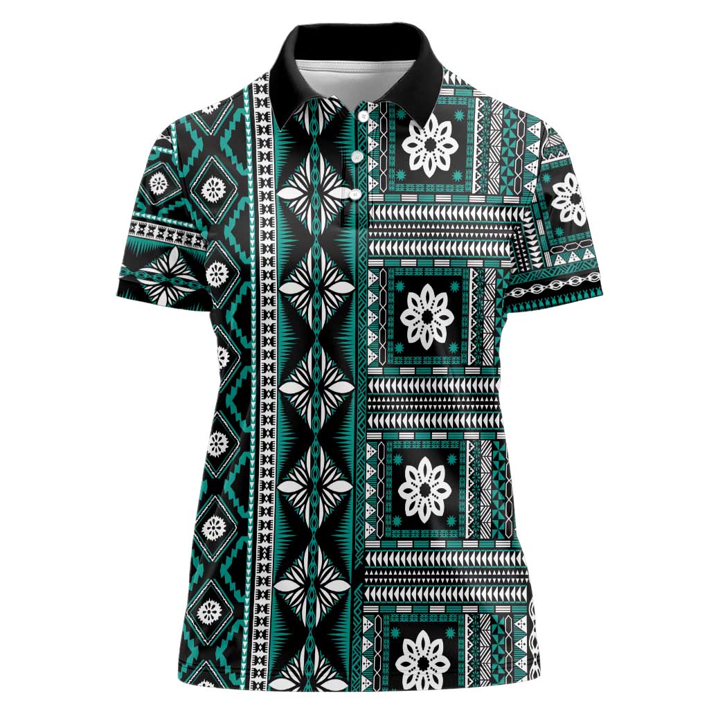 Fiji Masi Tapa Pattern Teal Women Polo Shirt - Polynesian Pride