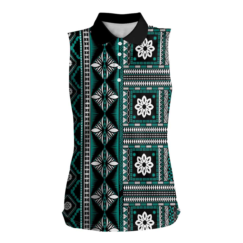 Fiji Masi Tapa Pattern Teal Women Sleeveless Polo Shirt - Polynesian Pride