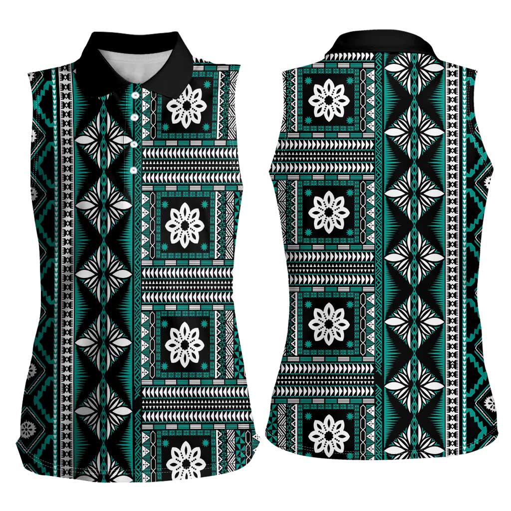 Fiji Masi Tapa Pattern Teal Women Sleeveless Polo Shirt - Polynesian Pride