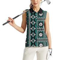 Fiji Masi Tapa Pattern Teal Women Sleeveless Polo Shirt - Polynesian Pride