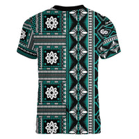 Fiji Masi Tapa Pattern Teal Women V-Neck T-Shirt - Polynesian Pride