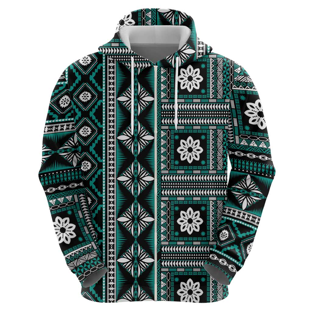 Fiji Masi Tapa Pattern Teal Zip Hoodie - Polynesian Pride