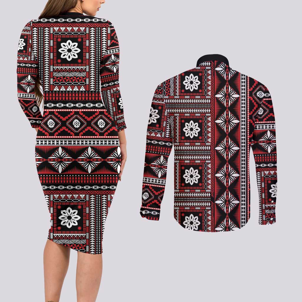 Fiji Masi Tapa Pattern Red Couples Matching Long Sleeve Bodycon Dress and Long Sleeve Button Shirt - Polynesian Pride