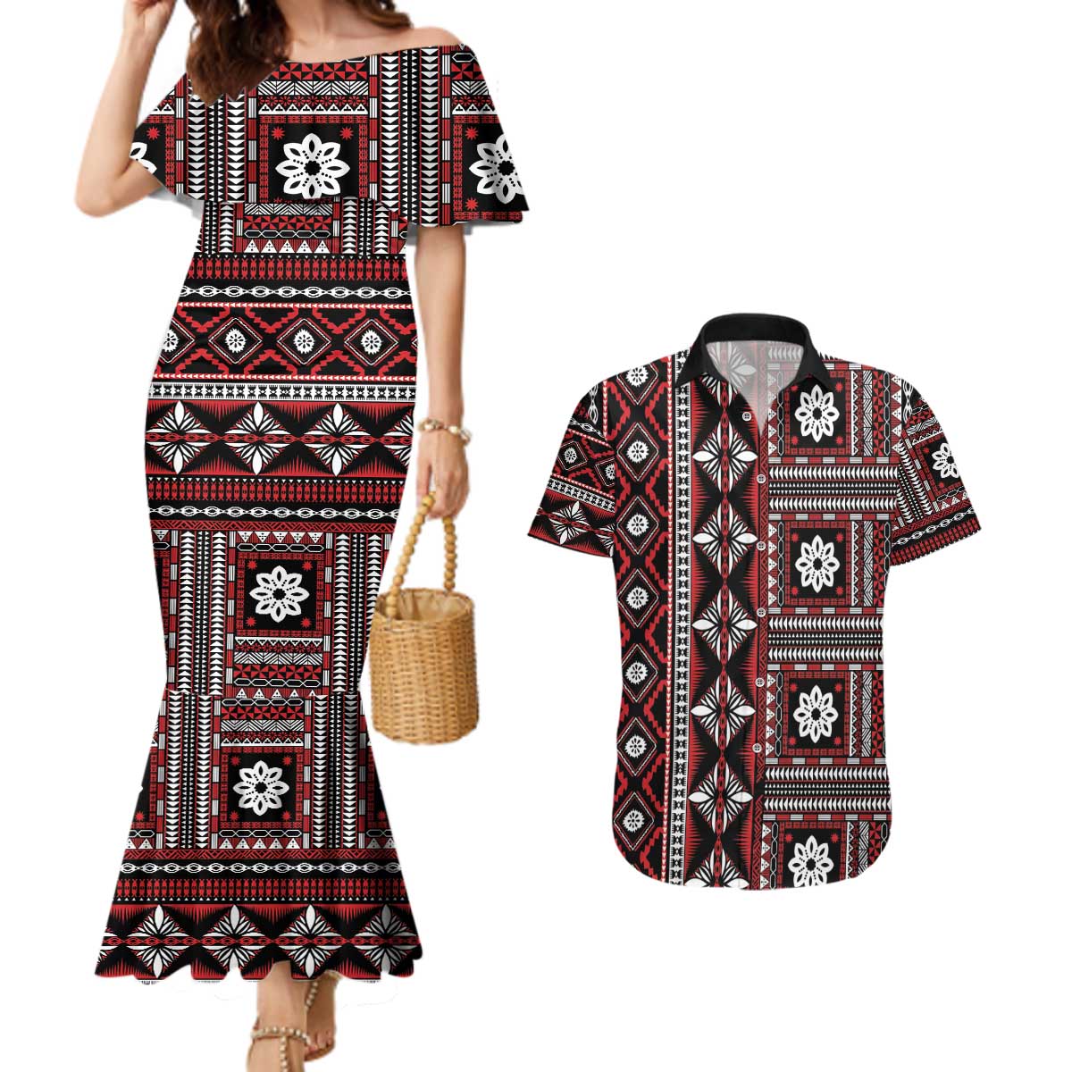 Fiji Masi Tapa Pattern Red Couples Matching Mermaid Dress and Hawaiian Shirt - Polynesian Pride