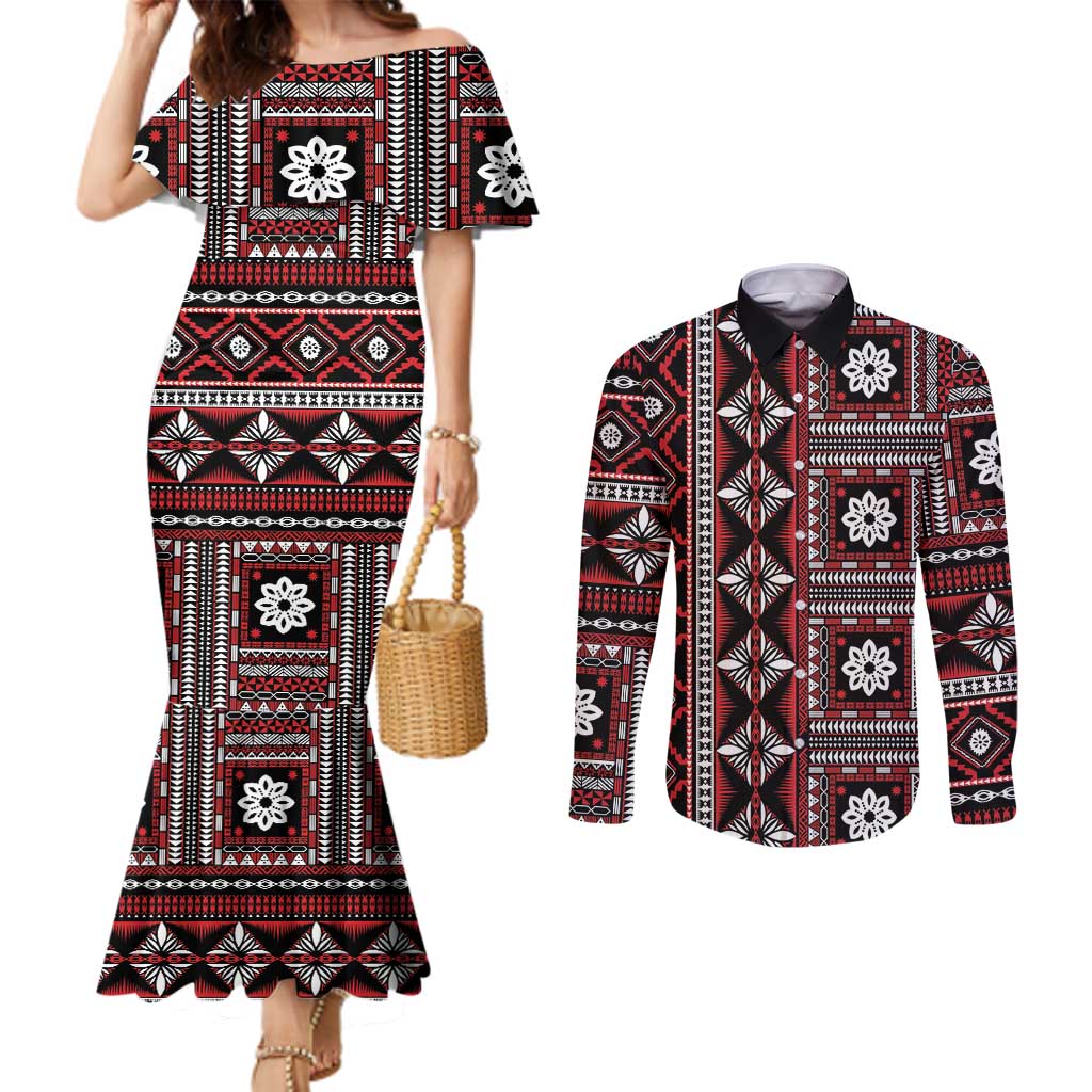 Fiji Masi Tapa Pattern Red Couples Matching Mermaid Dress and Long Sleeve Button Shirt - Polynesian Pride