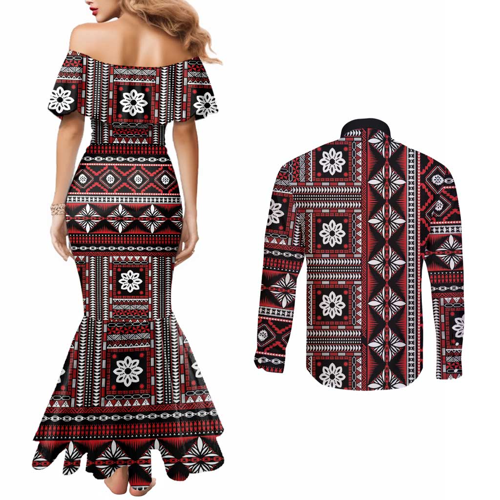 Fiji Masi Tapa Pattern Red Couples Matching Mermaid Dress and Long Sleeve Button Shirt - Polynesian Pride