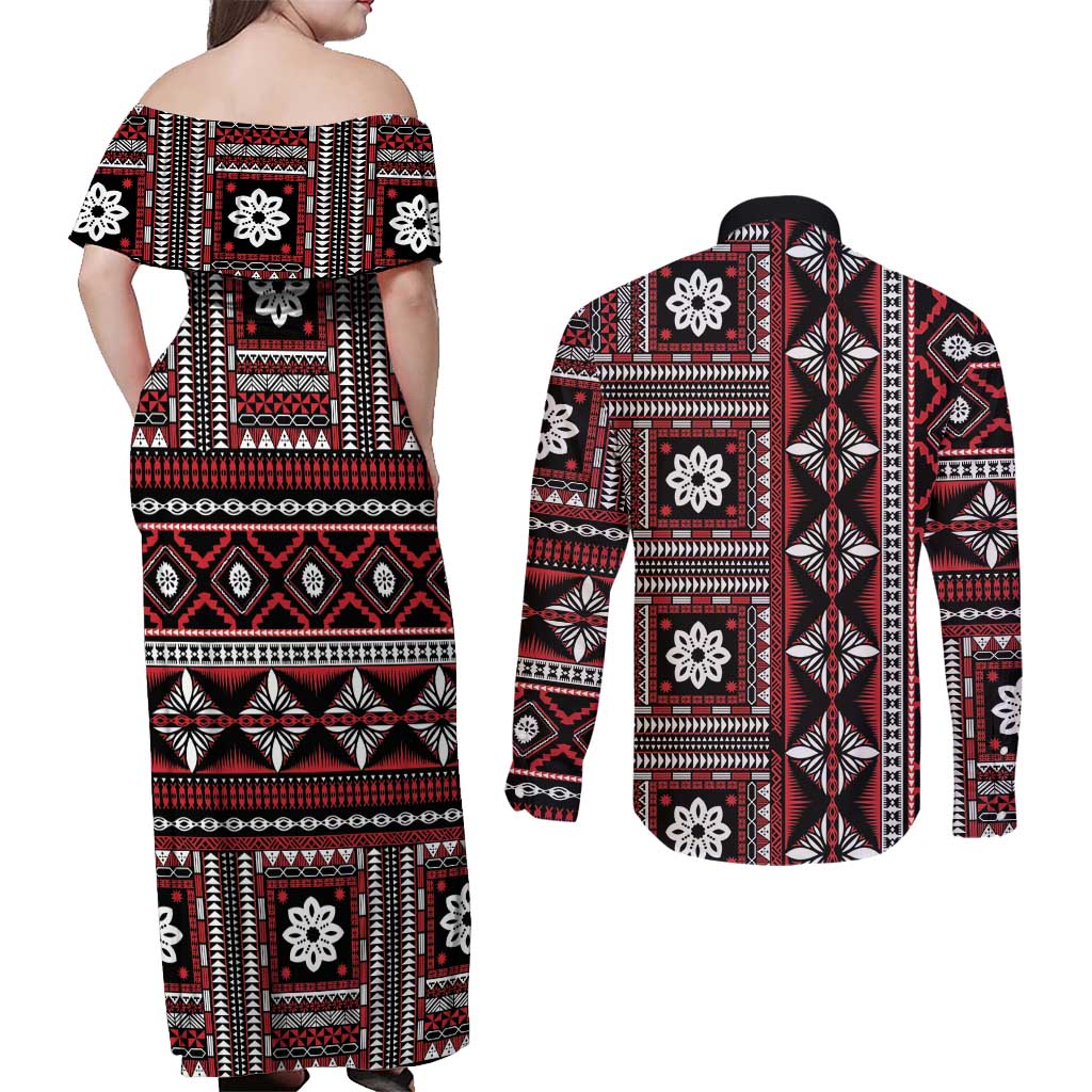 Fiji Masi Tapa Pattern Red Couples Matching Off Shoulder Maxi Dress and Long Sleeve Button Shirt - Polynesian Pride