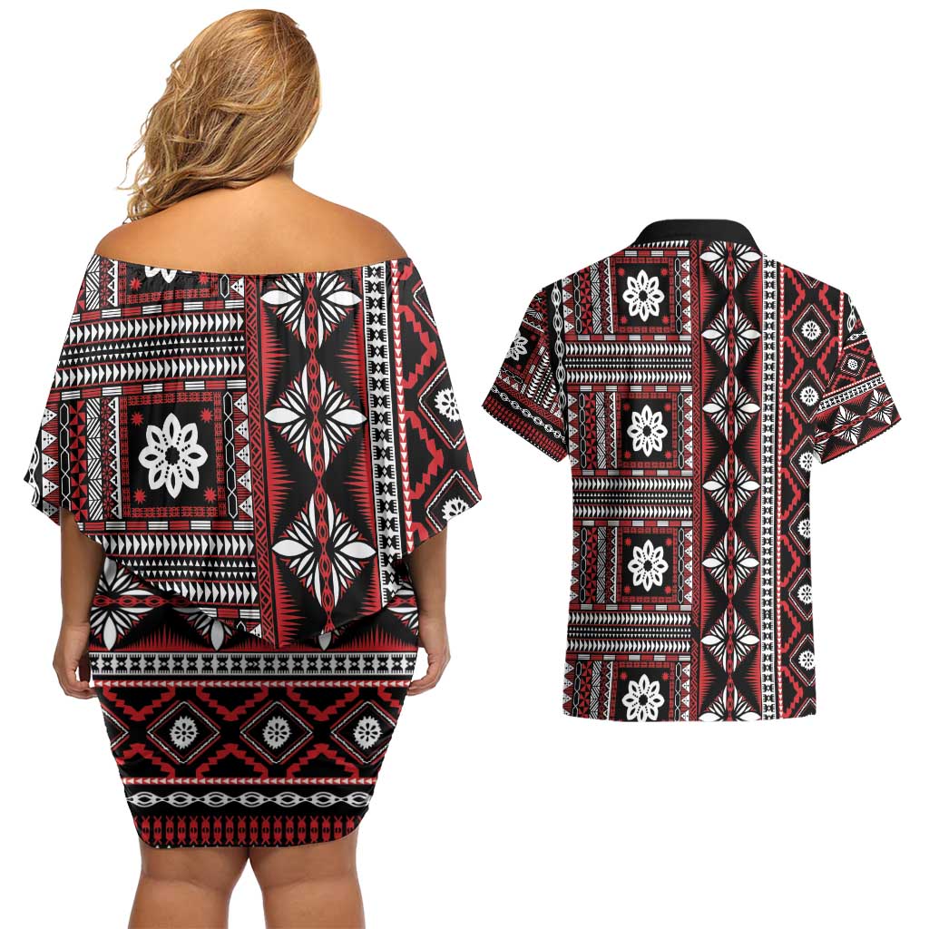 Fiji Masi Tapa Pattern Red Couples Matching Off Shoulder Short Dress and Hawaiian Shirt - Polynesian Pride