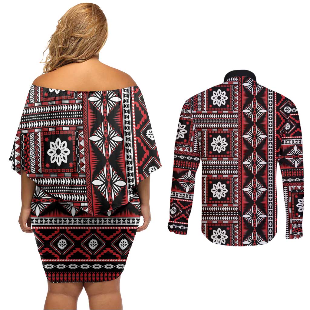 Fiji Masi Tapa Pattern Red Couples Matching Off Shoulder Short Dress and Long Sleeve Button Shirt - Polynesian Pride