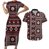 Fiji Masi Tapa Pattern Red Couples Matching Short Sleeve Bodycon Dress and Hawaiian Shirt - Polynesian Pride