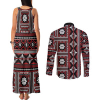 Fiji Masi Tapa Pattern Red Couples Matching Tank Maxi Dress and Long Sleeve Button Shirt - Polynesian Pride