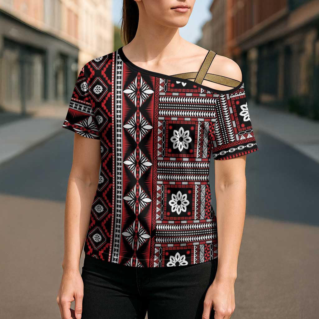 Fiji Masi Tapa Pattern Red Cross Shoulder Shirt - Polynesian Pride