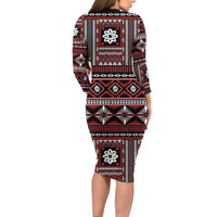 Fiji Masi Tapa Pattern Red Family Matching Long Sleeve Bodycon Dress and Hawaiian Shirt - Polynesian Pride