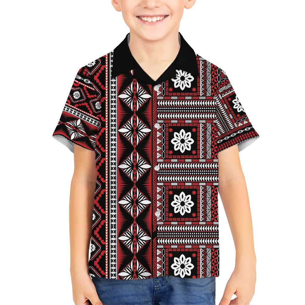 Fiji Masi Tapa Pattern Red Family Matching Long Sleeve Bodycon Dress and Hawaiian Shirt - Polynesian Pride