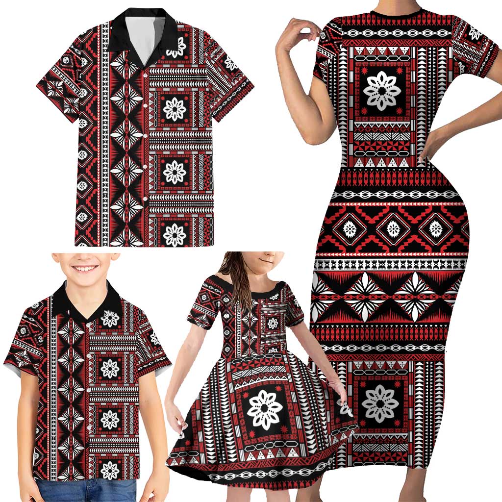 Fiji Masi Tapa Pattern Red Family Matching Short Sleeve Bodycon Dress and Hawaiian Shirt - Polynesian Pride