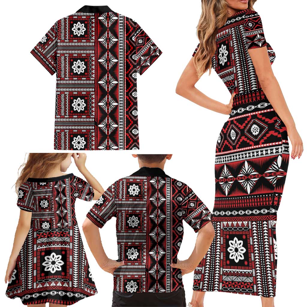 Fiji Masi Tapa Pattern Red Family Matching Short Sleeve Bodycon Dress and Hawaiian Shirt - Polynesian Pride