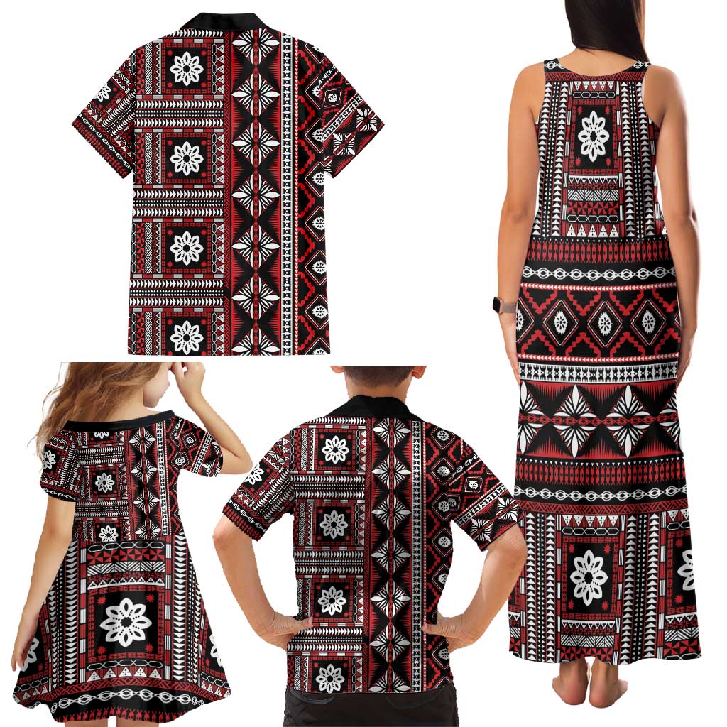 Fiji Masi Tapa Pattern Red Family Matching Tank Maxi Dress and Hawaiian Shirt - Polynesian Pride