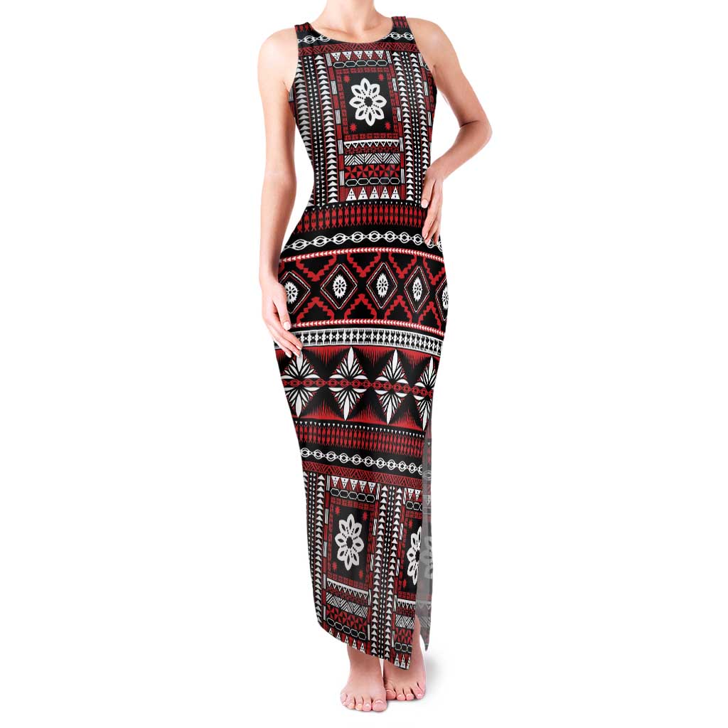 Fiji Masi Tapa Pattern Red Family Matching Tank Maxi Dress and Hawaiian Shirt - Polynesian Pride