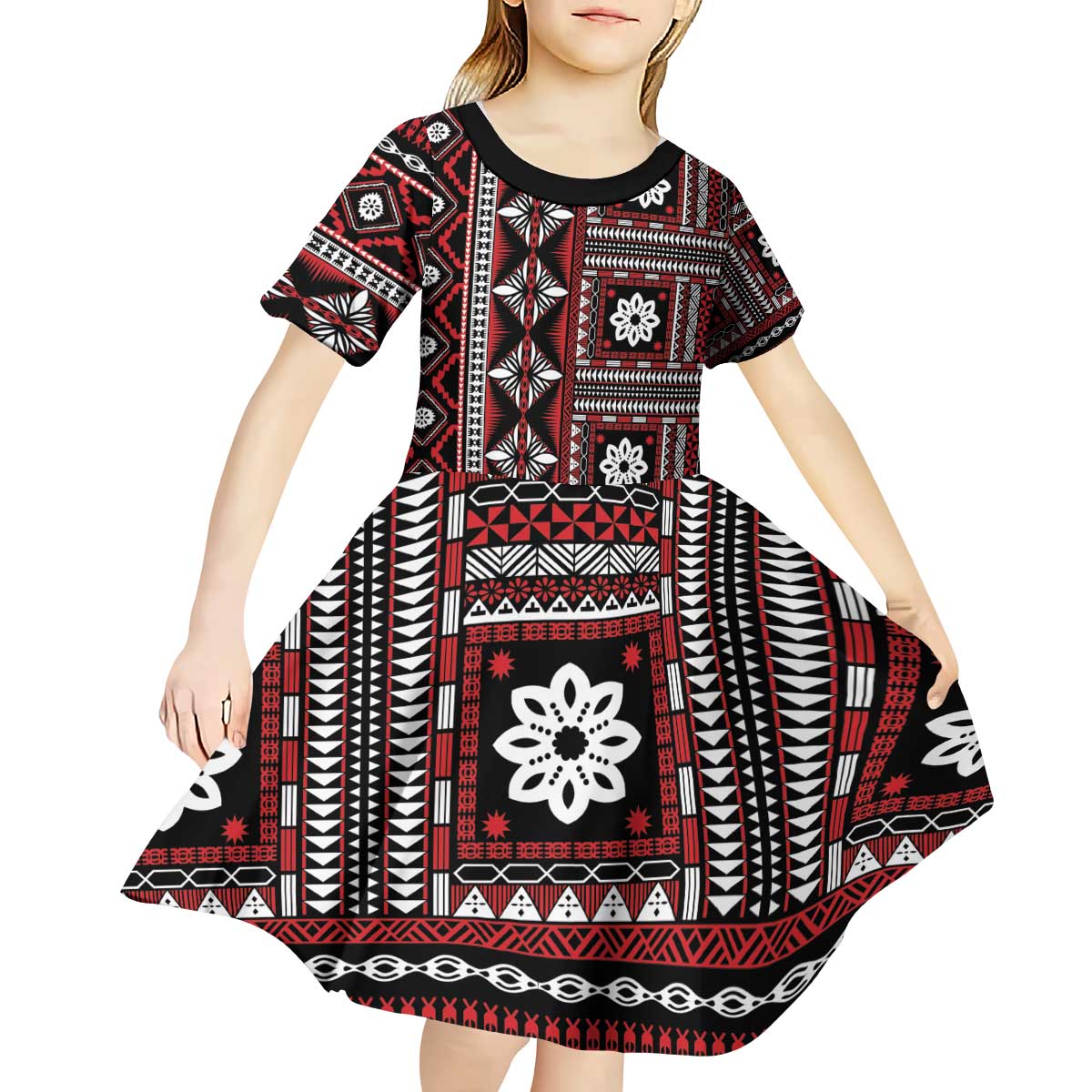 Fiji Masi Tapa Pattern Red Kid Short Sleeve Dress - Polynesian Pride