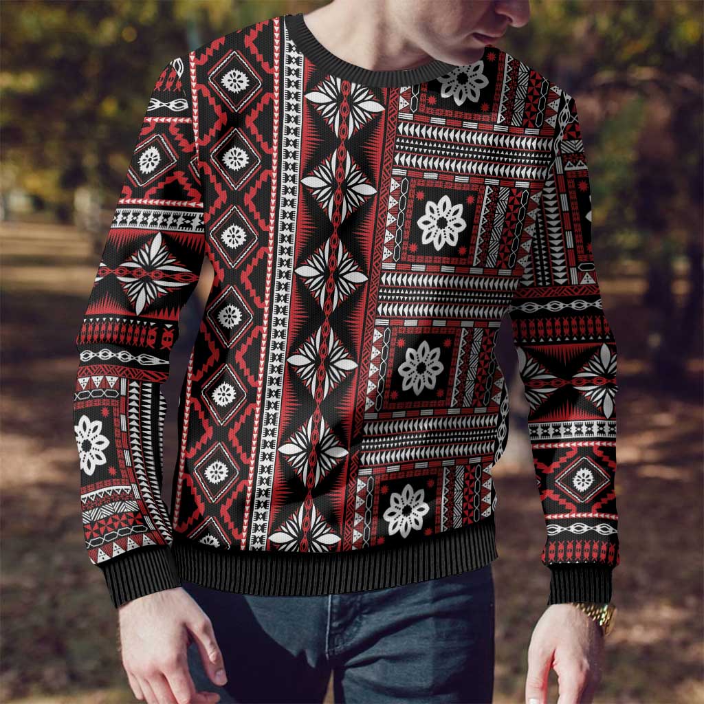 Fiji Masi Tapa Pattern Red Ugly Christmas Sweater - Polynesian Pride