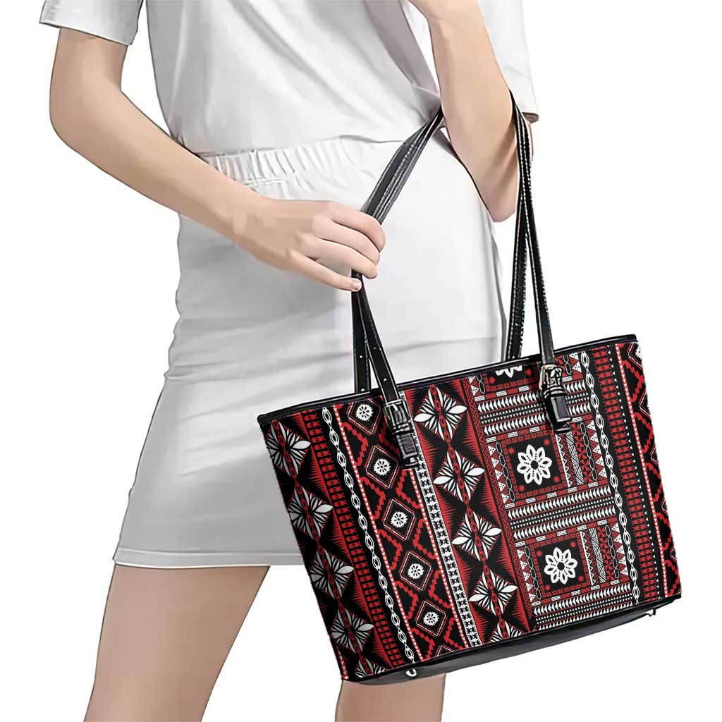 Fiji Masi Tapa Pattern Red Leather Tote Bag - Polynesian Pride