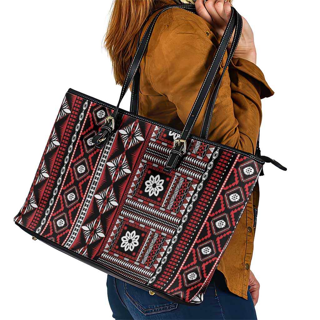 Fiji Masi Tapa Pattern Red Leather Tote Bag - Polynesian Pride