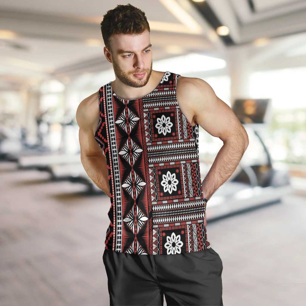 Fiji Masi Tapa Pattern Red Men Tank Top - Polynesian Pride