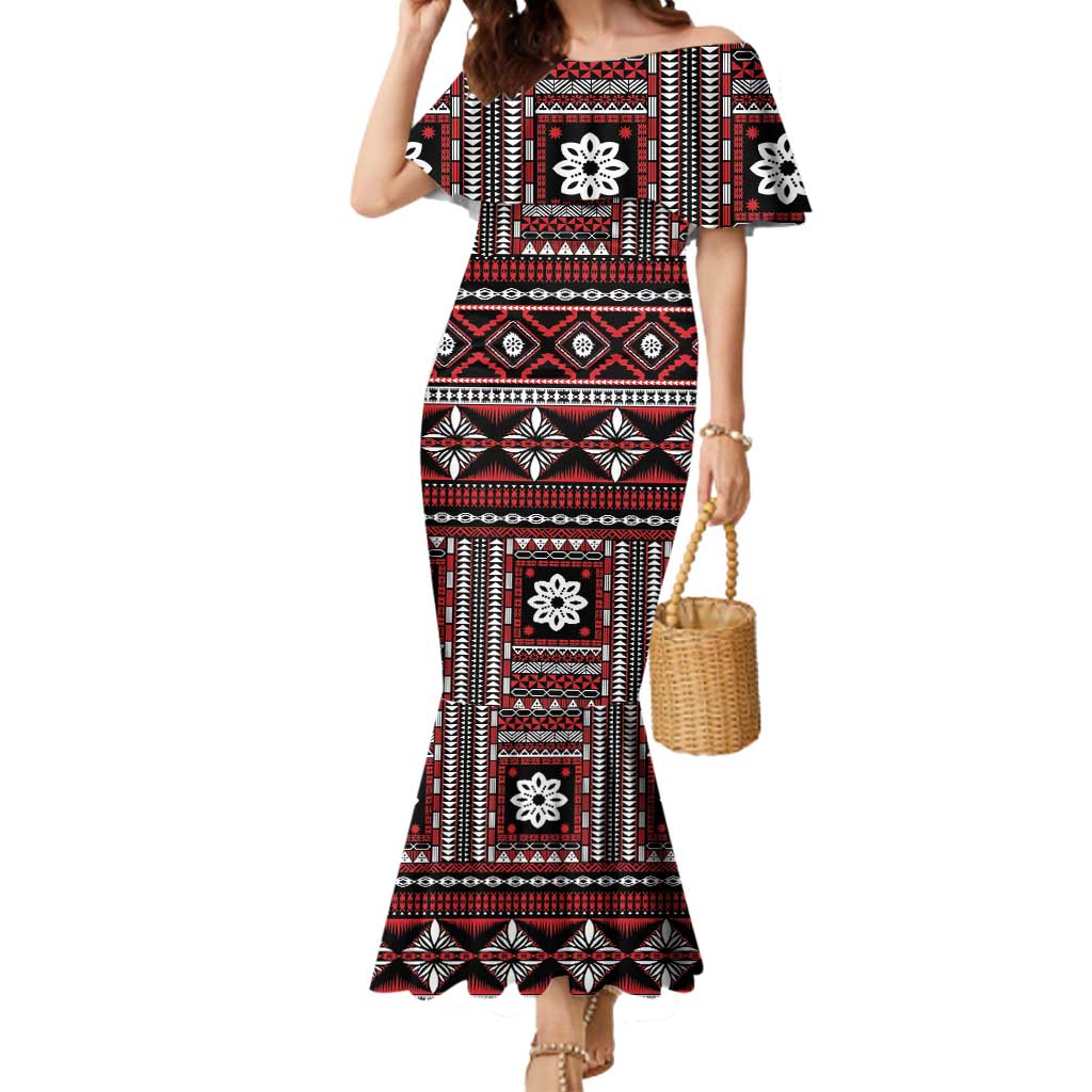 Fiji Masi Tapa Pattern Red Mermaid Dress - Polynesian Pride