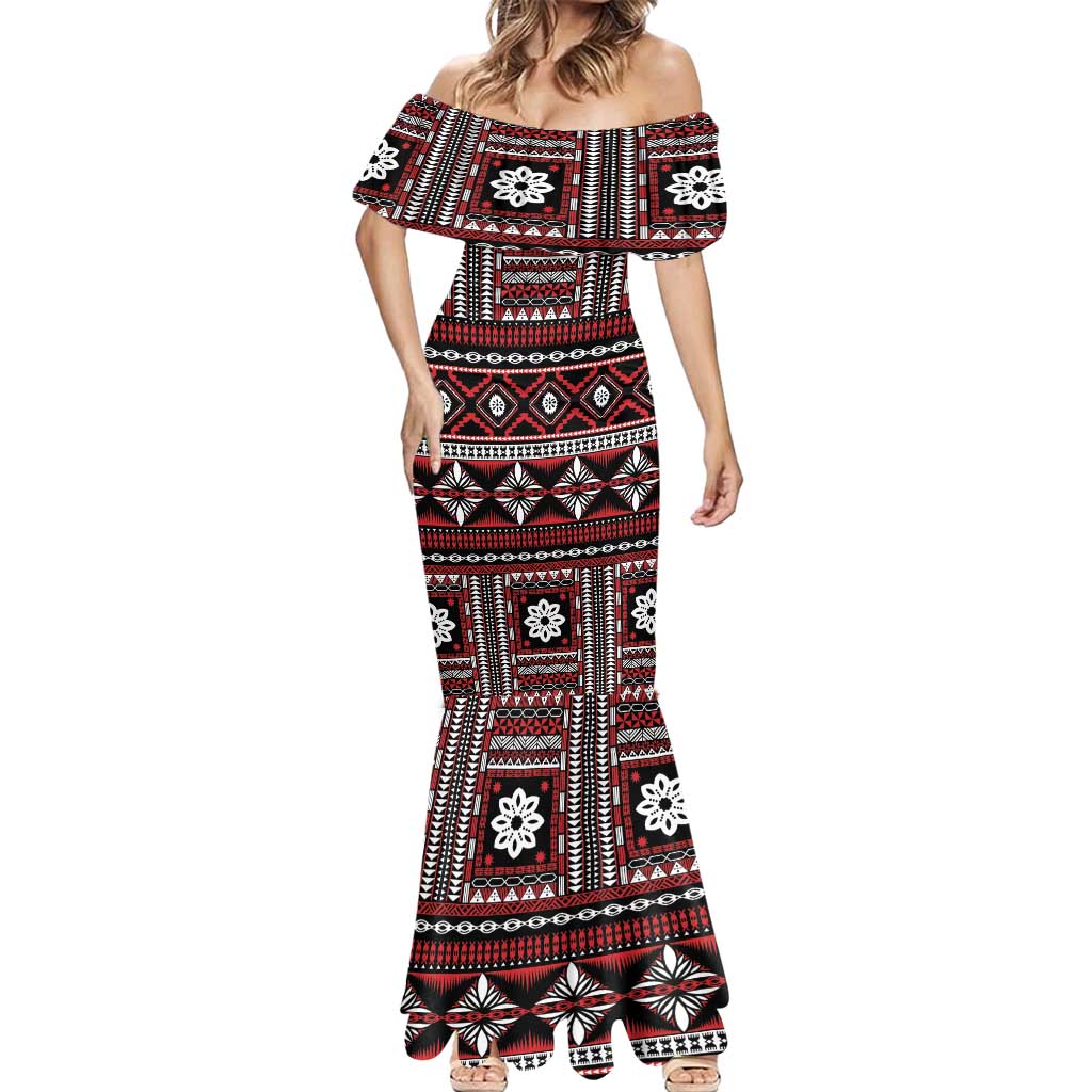 Fiji Masi Tapa Pattern Red Mermaid Dress - Polynesian Pride