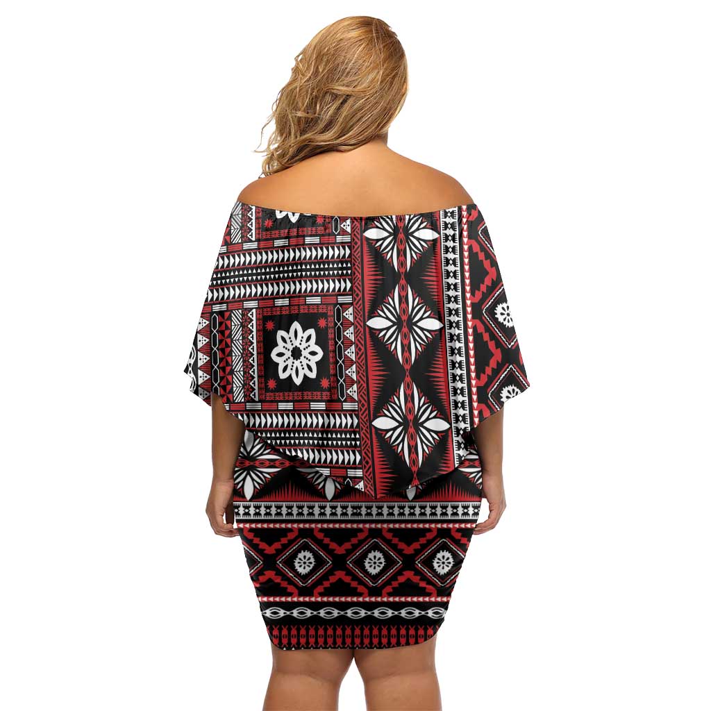 Fiji Masi Tapa Pattern Red Off Shoulder Short Dress - Polynesian Pride