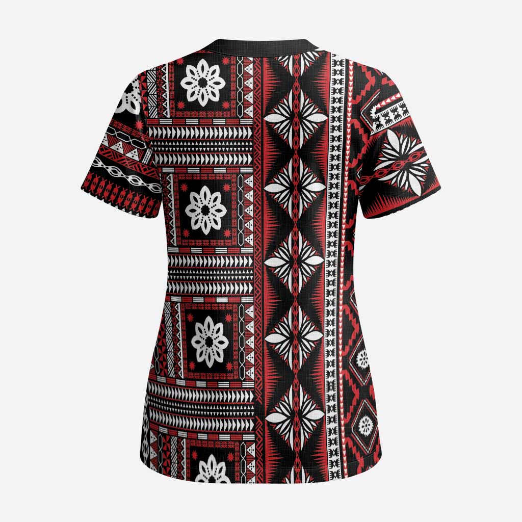 Fiji Masi Tapa Pattern Red Scrub Top - Polynesian Pride