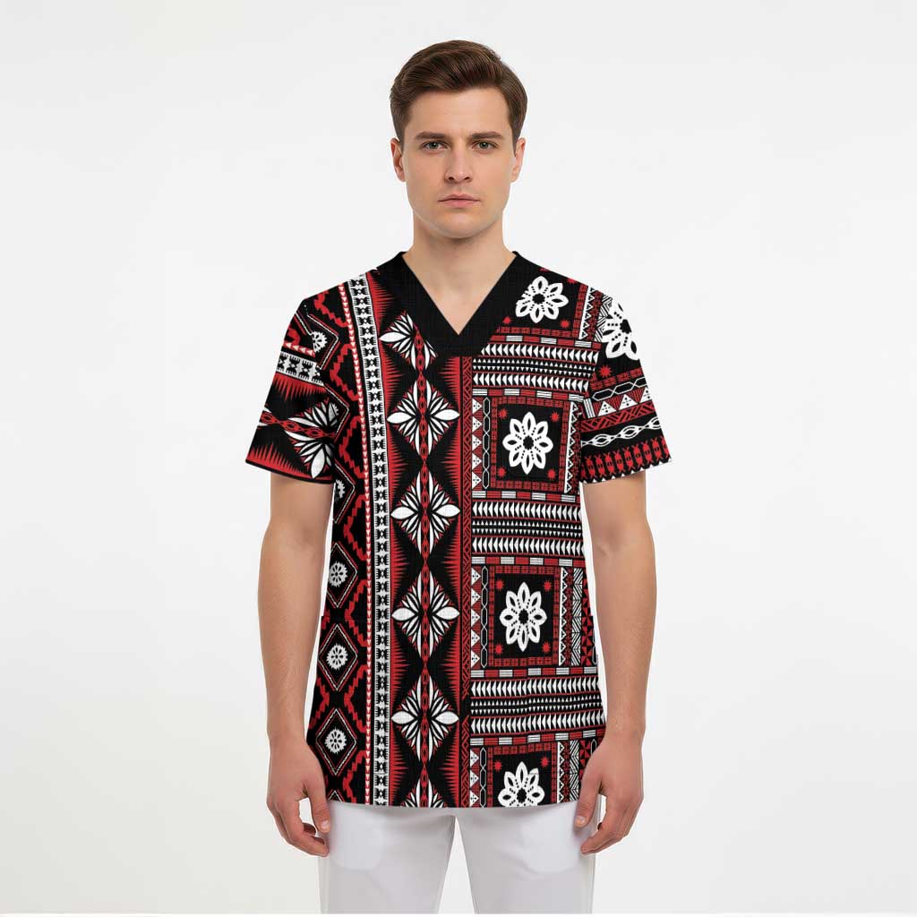 Fiji Masi Tapa Pattern Red Scrub Top - Polynesian Pride