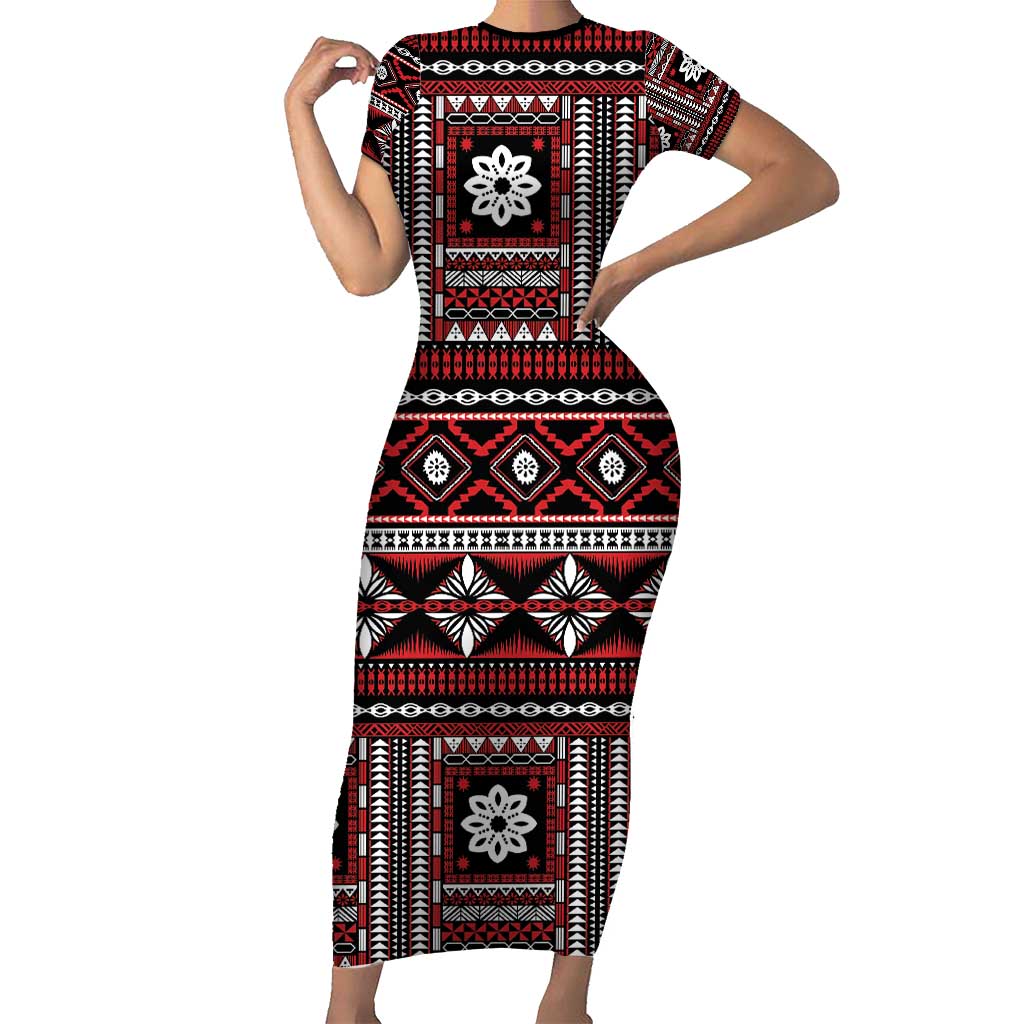 Fiji Masi Tapa Pattern Red Short Sleeve Bodycon Dress - Polynesian Pride