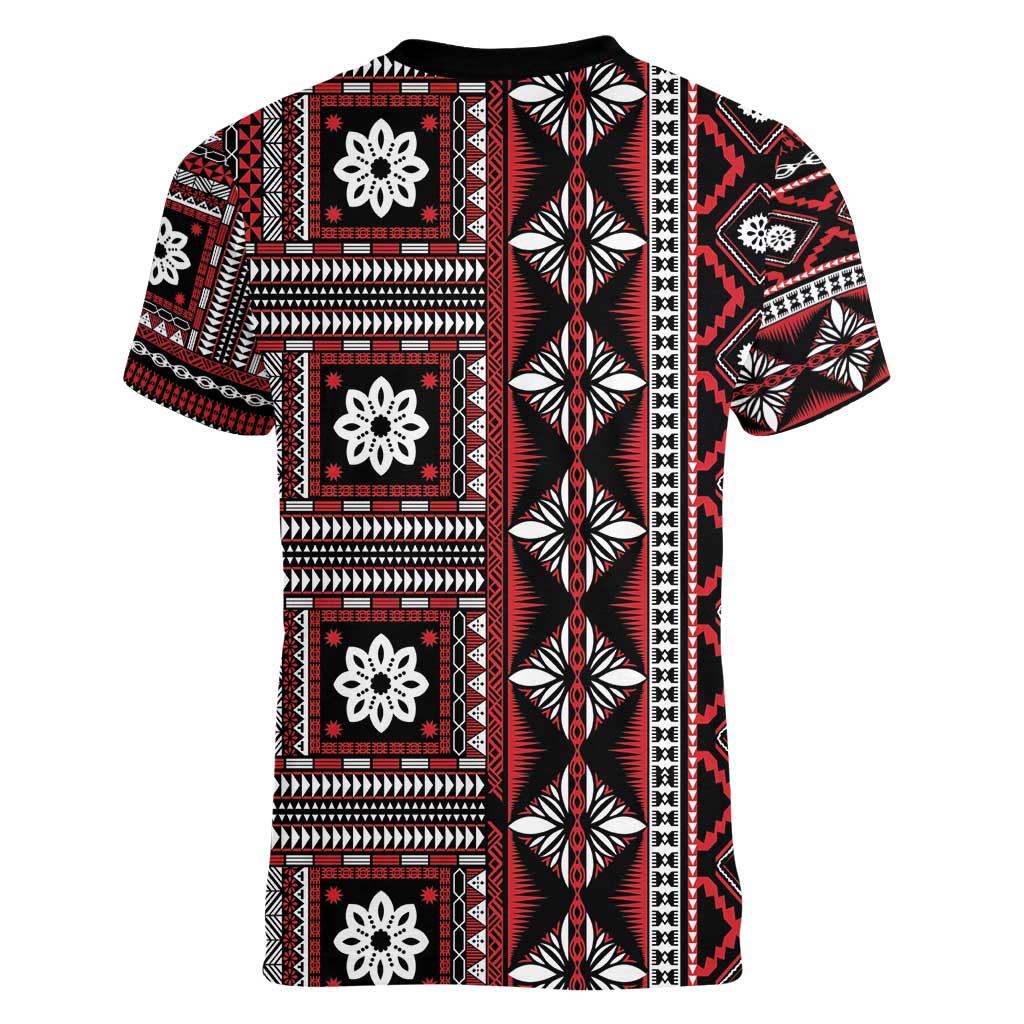 Fiji Masi Tapa Pattern Red Women V-Neck T-Shirt - Polynesian Pride