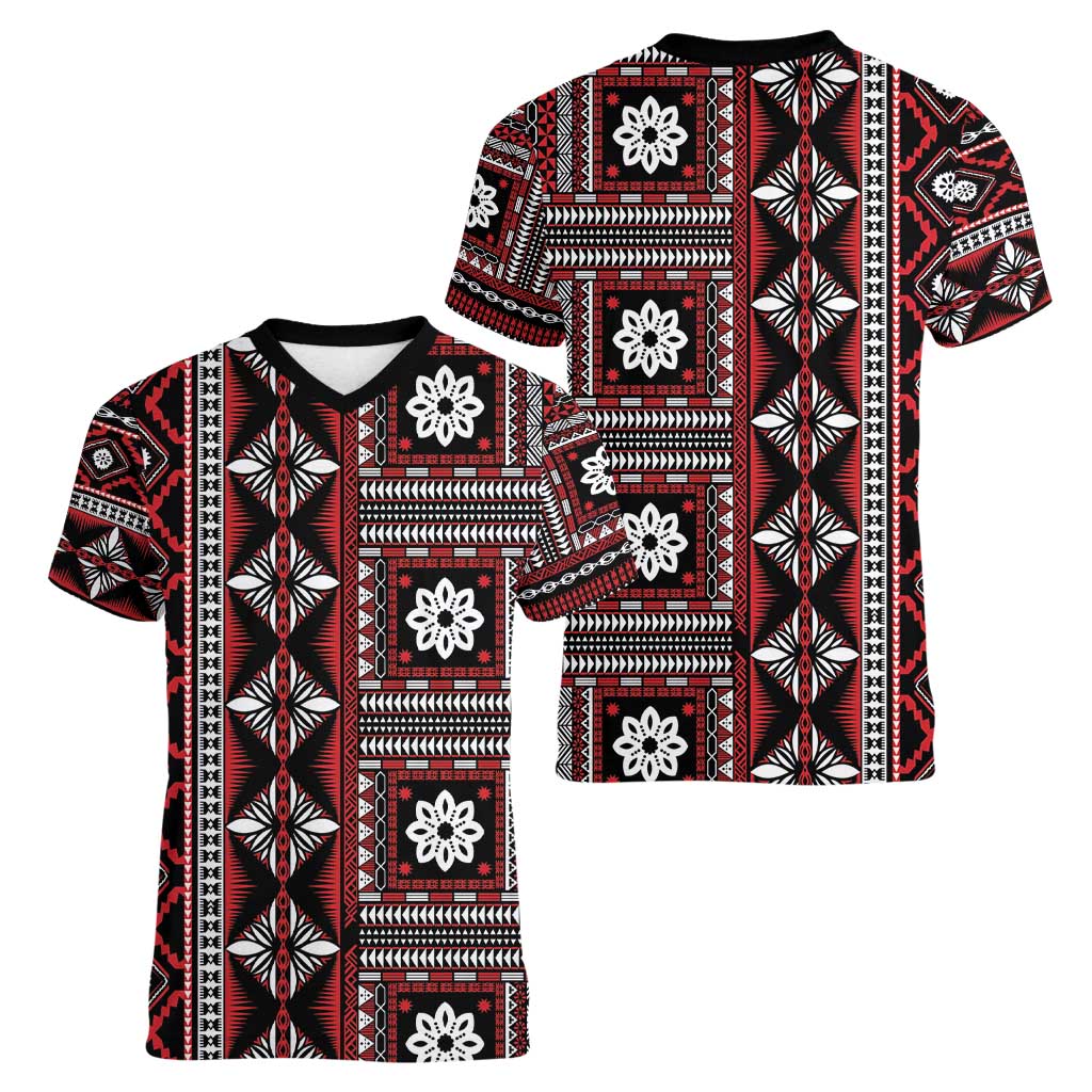 Fiji Masi Tapa Pattern Red Women V-Neck T-Shirt - Polynesian Pride