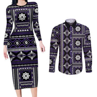 Fiji Masi Tapa Pattern Purple Couples Matching Long Sleeve Bodycon Dress and Long Sleeve Button Shirt - Polynesian Pride