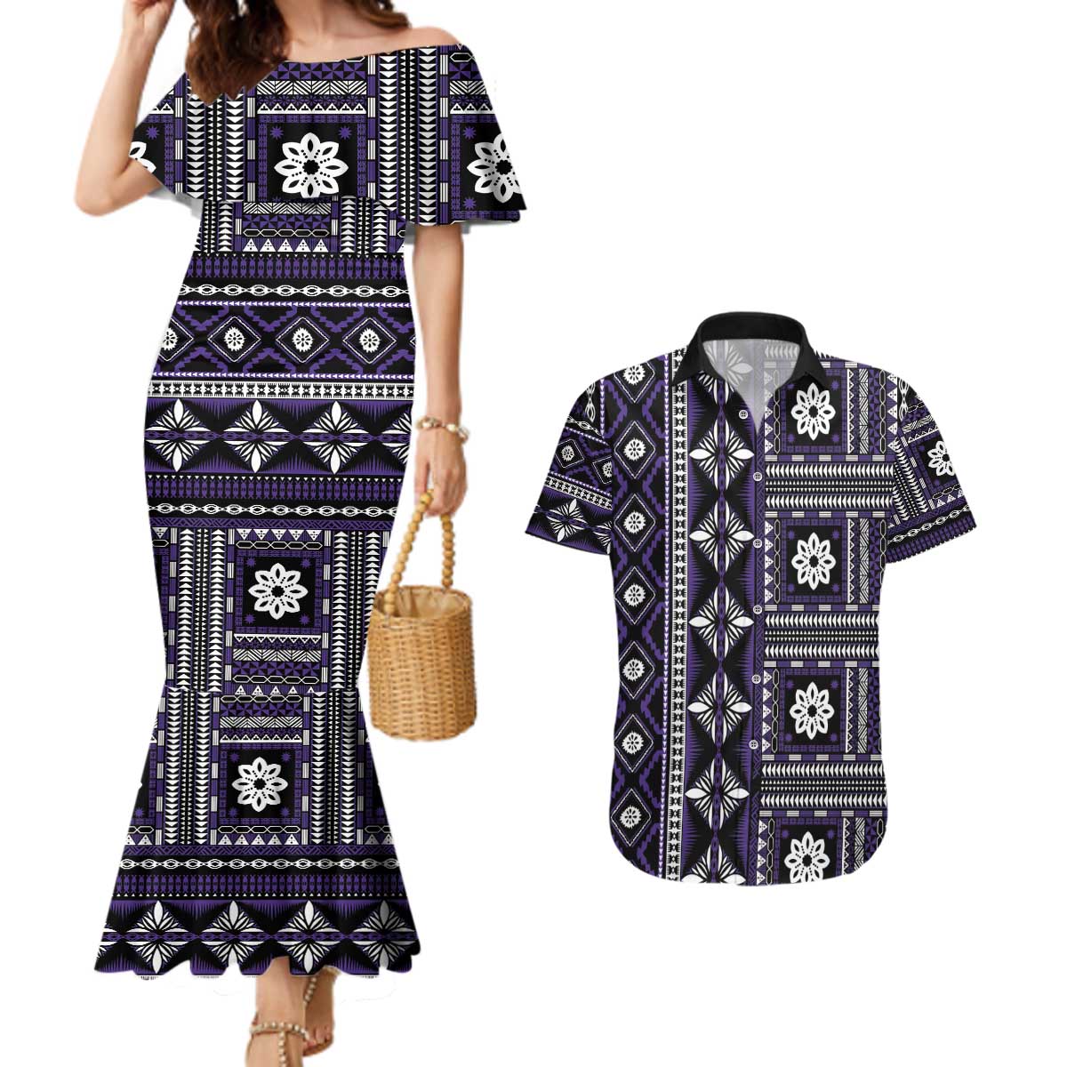 Fiji Masi Tapa Pattern Purple Couples Matching Mermaid Dress and Hawaiian Shirt - Polynesian Pride