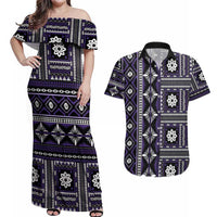 Fiji Masi Tapa Pattern Purple Couples Matching Off Shoulder Maxi Dress and Hawaiian Shirt - Polynesian Pride