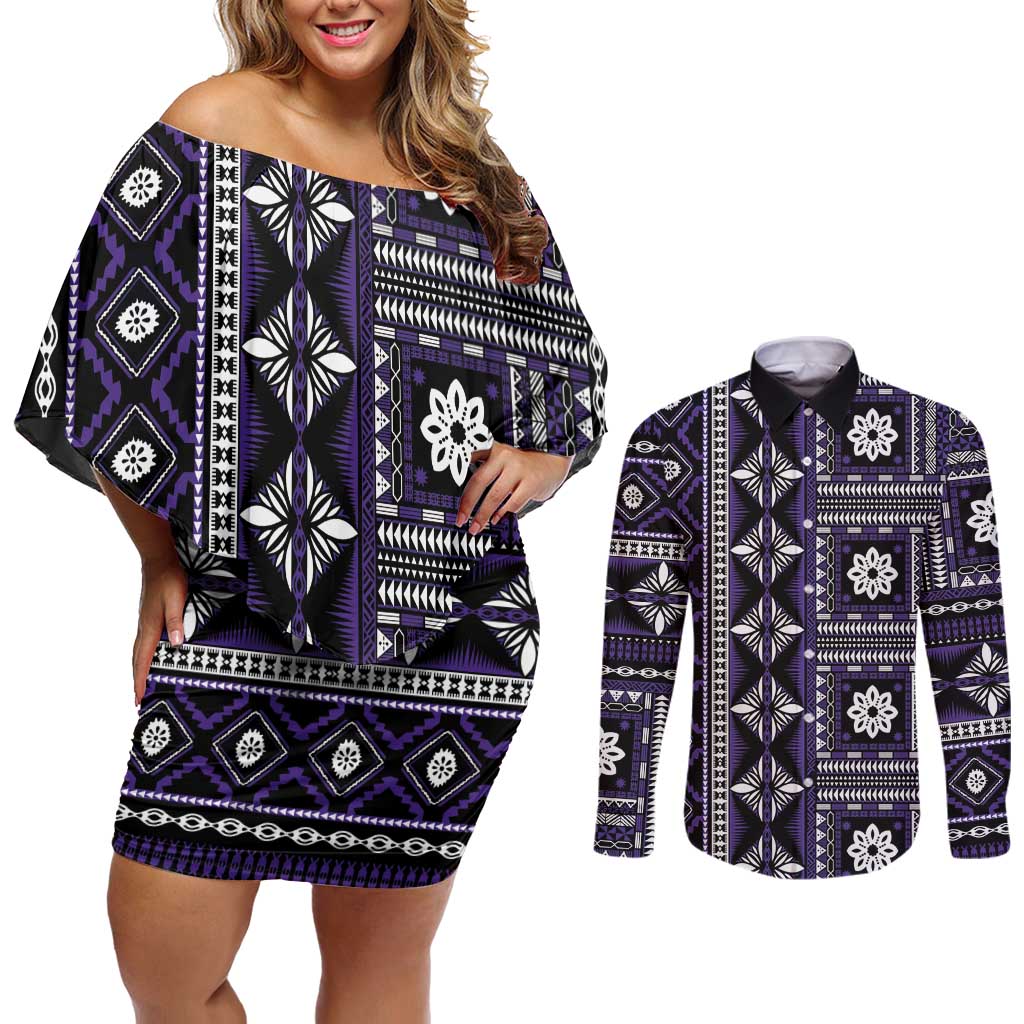 Fiji Masi Tapa Pattern Purple Couples Matching Off Shoulder Short Dress and Long Sleeve Button Shirt - Polynesian Pride