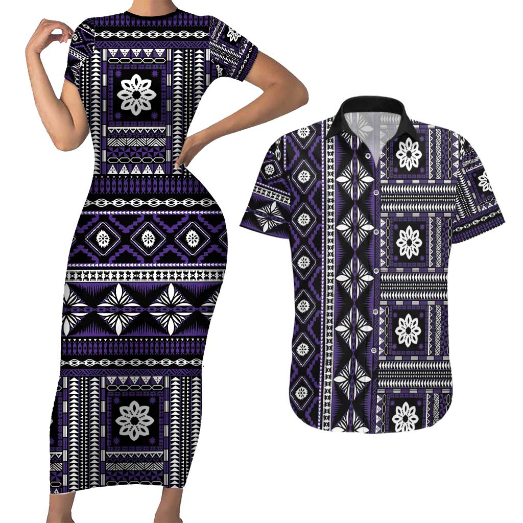 Fiji Masi Tapa Pattern Purple Couples Matching Short Sleeve Bodycon Dress and Hawaiian Shirt - Polynesian Pride